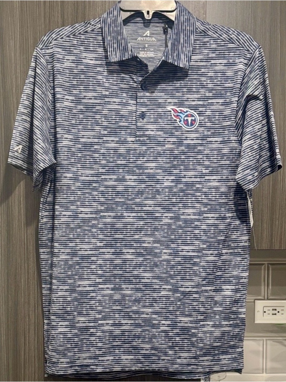 Antigua Men's Navy and White Space-Dye Polo with Tennessee Titans Logo, NWT